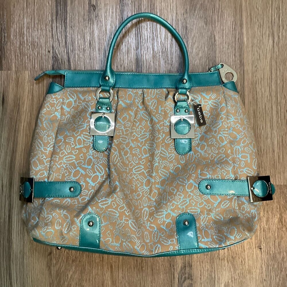 Bebe Purse Bag Handbag Tote Vintage Large Blue‎ Khaki Logo